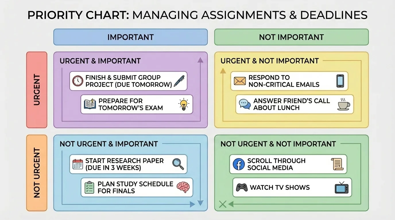 four-box priority chart labeled urgent/not urgent and important/not important, with sample tasks placed in each box