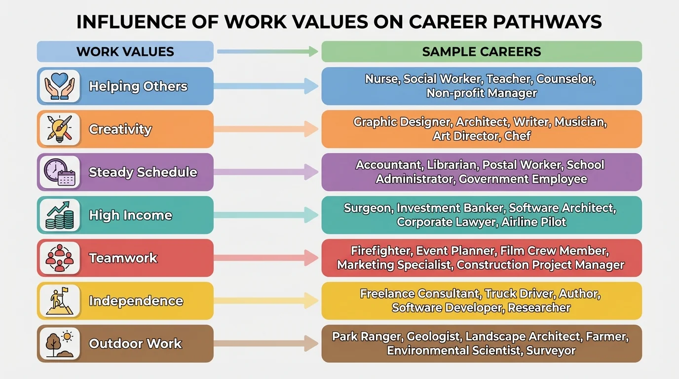Chart comparing work values such as helping others, creativity, steady schedule, high income, teamwork, independence, and outdoor work with sample careers that match each value