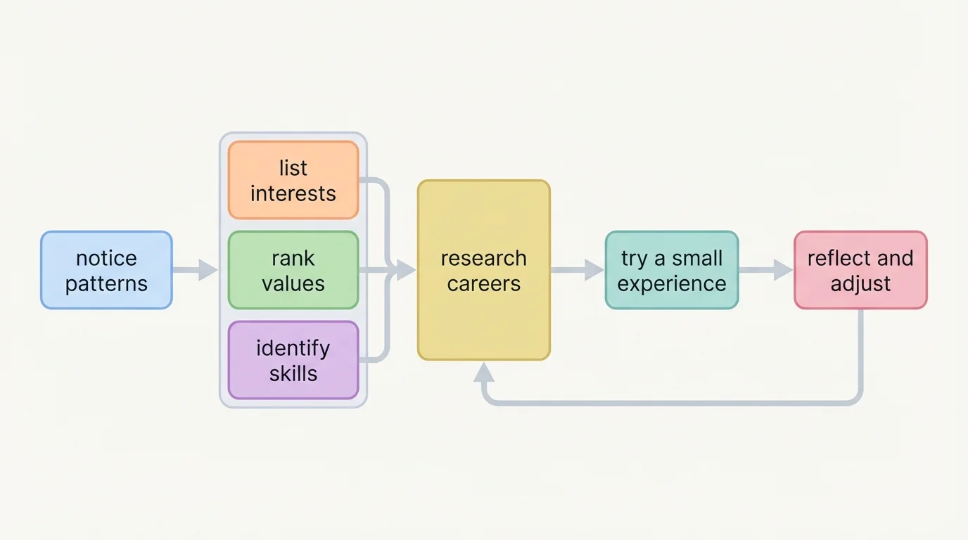 Flowchart with boxes labeled notice patterns, list interests, rank values, identify skills, research careers, try a small experience, reflect and adjust