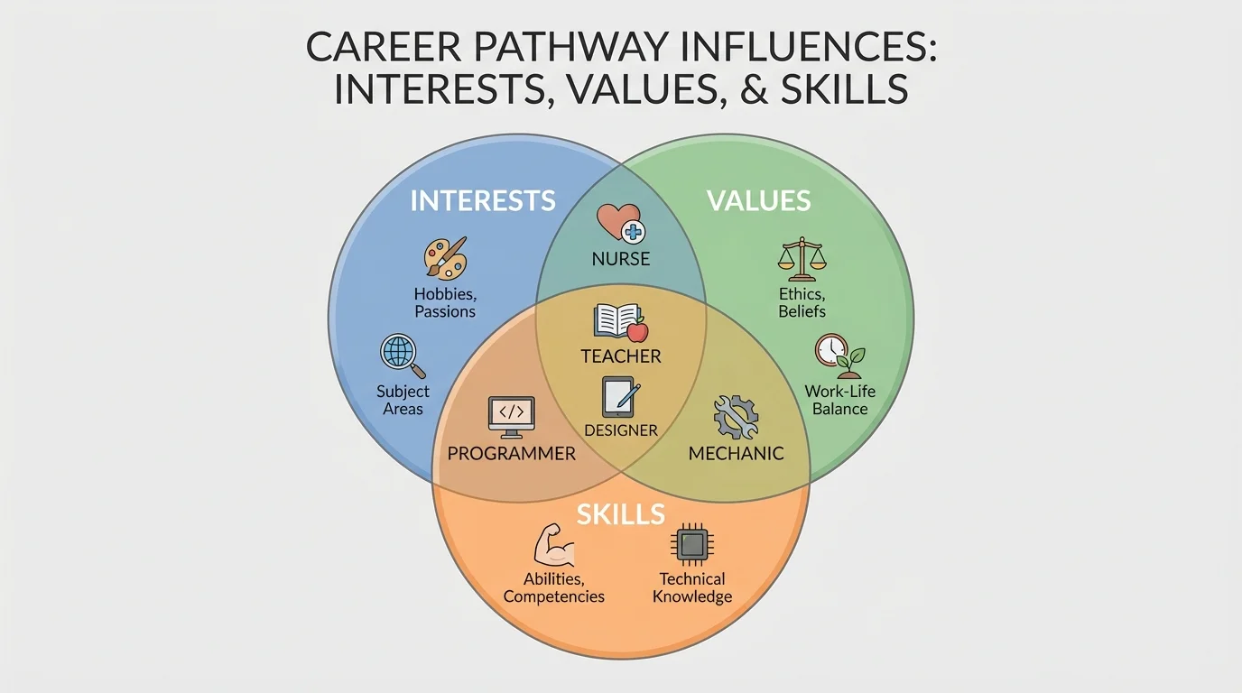 Three overlapping circles labeled interests, values, and skills with sample careers placed in overlap areas such as teacher, mechanic, designer, nurse, and programmer