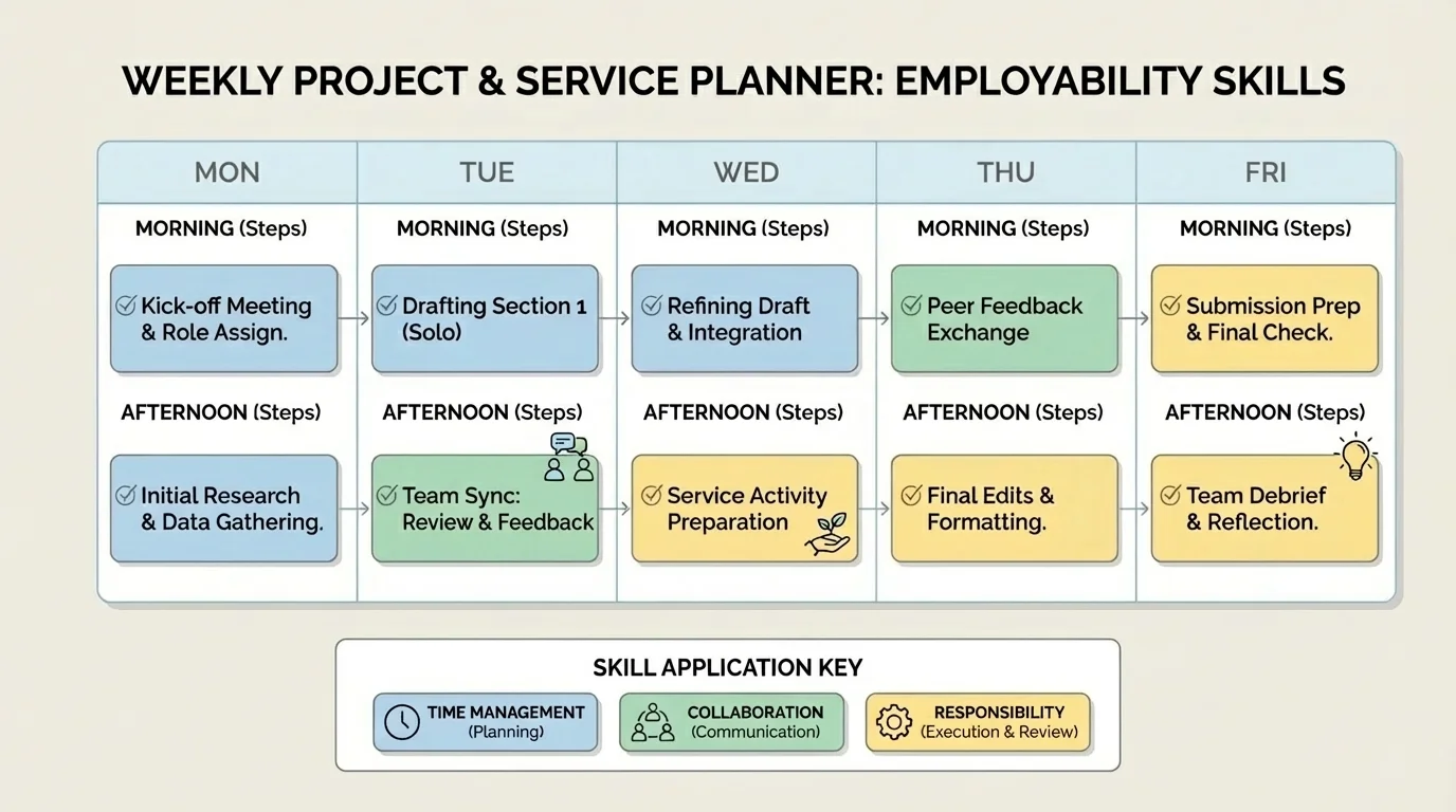 Illustration of a simple weekly planner showing project tasks split into small steps across several days with checkmarks