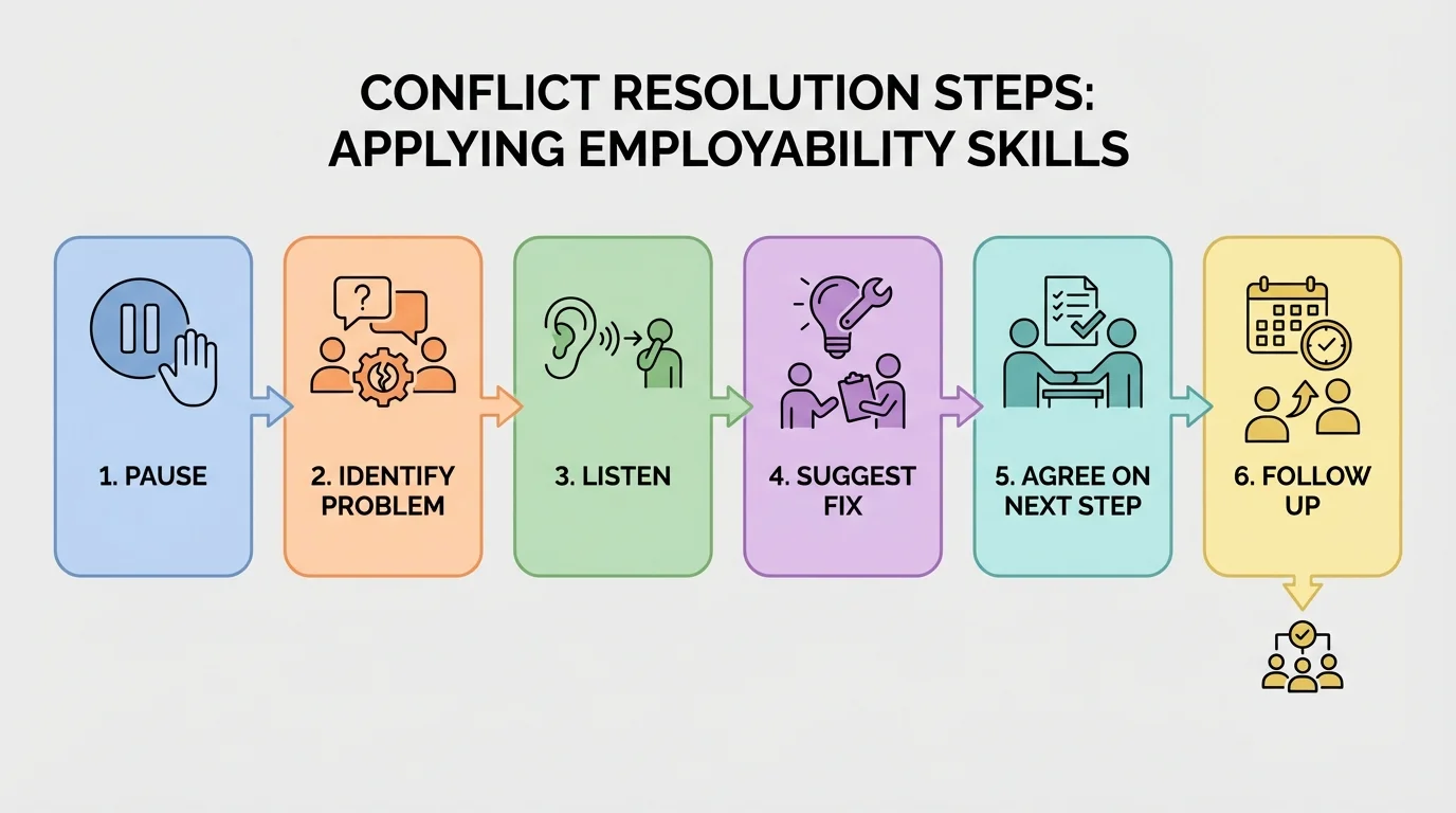 Flowchart showing conflict resolution steps: pause, identify problem, listen, suggest fix, agree on next step, follow up