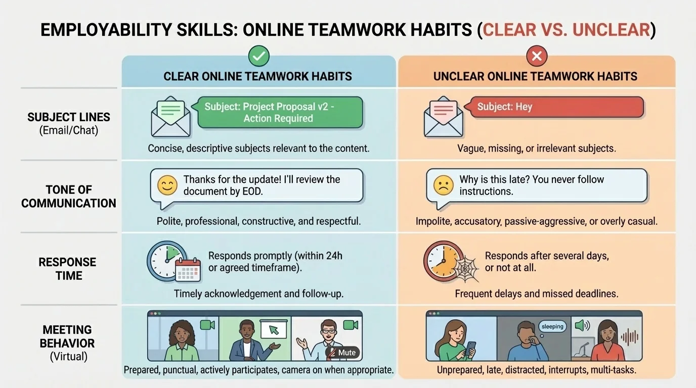 Chart comparing clear online teamwork habits and unclear habits, including subject lines, polite tone, response time, and meeting behavior
