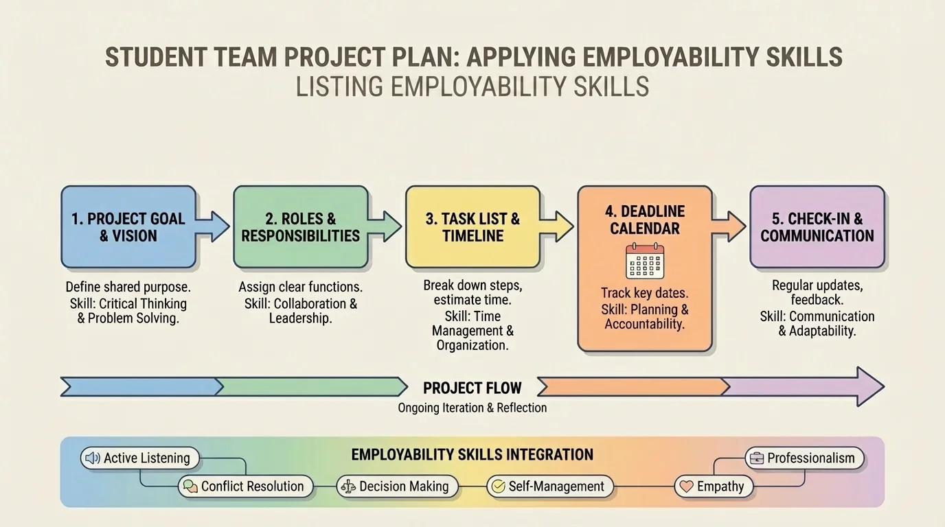 Flowchart of a student team project plan with boxes for goal, roles, task list, deadline calendar, and check-in messages