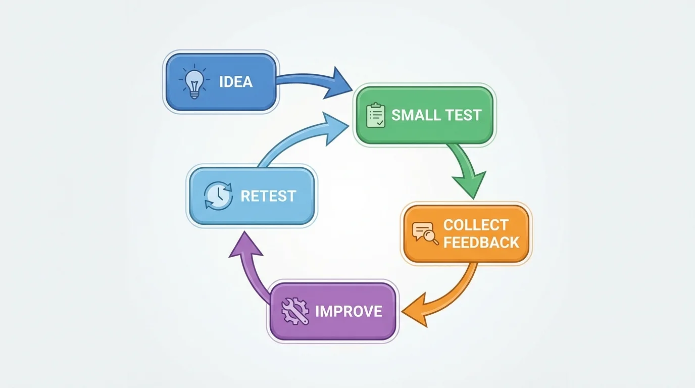 Flowchart showing idea, small test, collect feedback, improve, and retest in a cycle