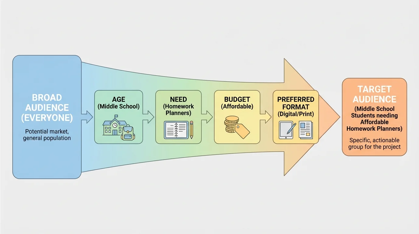 Flowchart showing broad audience "everyone" narrowing to "middle school students who want affordable homework planners" with boxes for age, need, budget, and preferred format