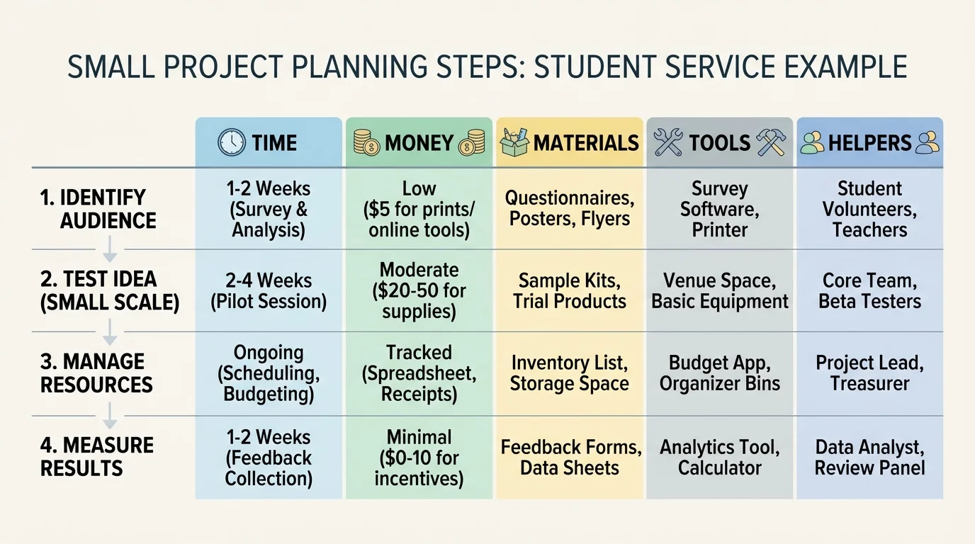 Chart with columns labeled time, money, materials, tools, and helpers, with sample entries for a small student service