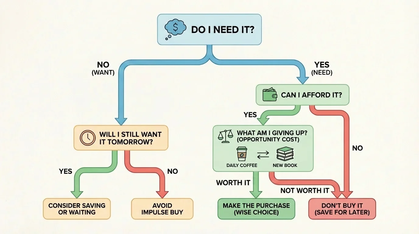 spending decision flowchart with questions Do I need it, Can I afford it, What am I giving up, and Will I still want it tomorrow