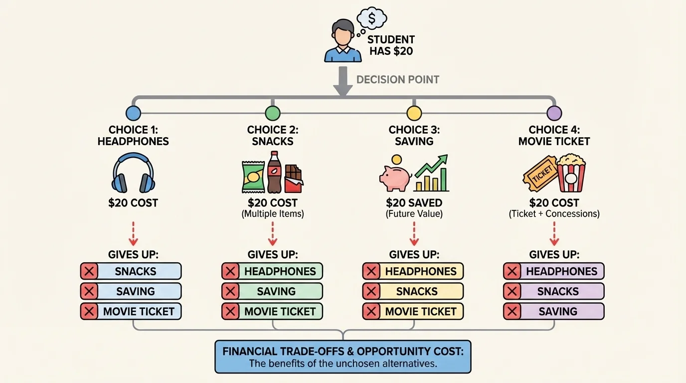 flowchart showing a student with $20 choosing between headphones, snacks, saving, and a movie ticket, with arrows to what is given up