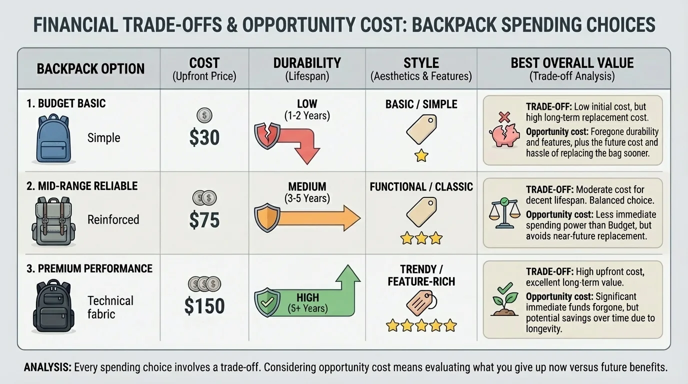 chart comparing three backpack options with columns for cost, durability, style, and best overall value