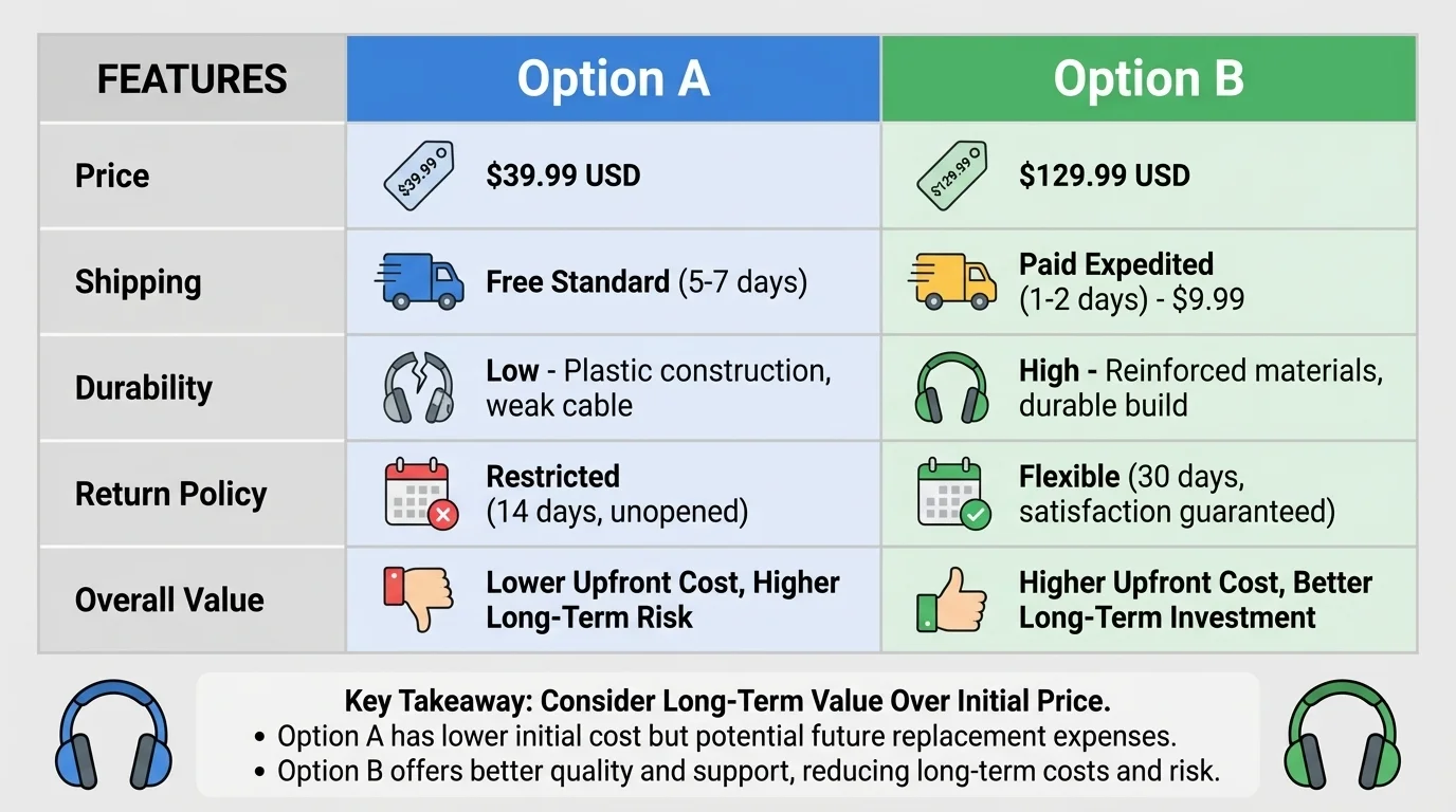 Comparison chart of two headphone options with columns for price, shipping, durability, return policy, and overall value