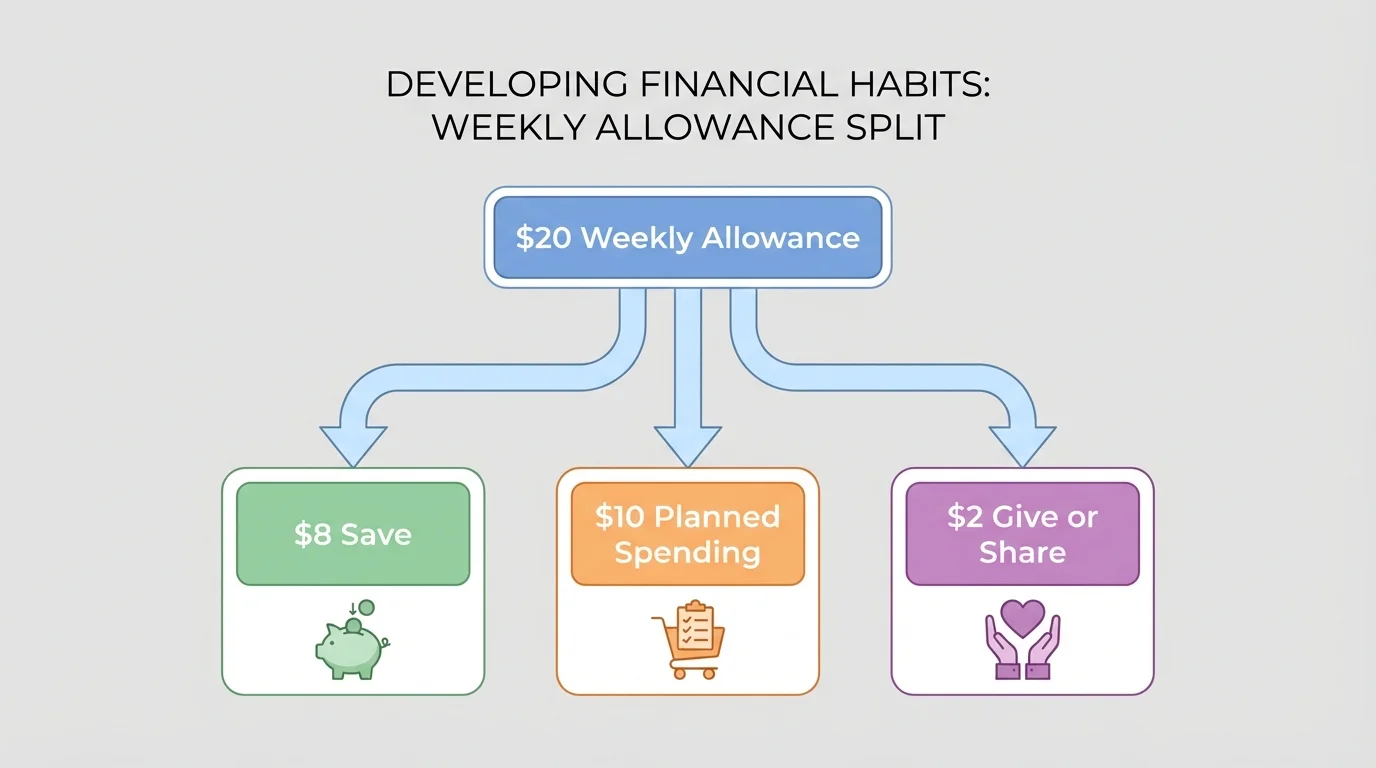 Flowchart showing a $20 weekly allowance split into $8 save, $10 planned spending, and $2 give or share