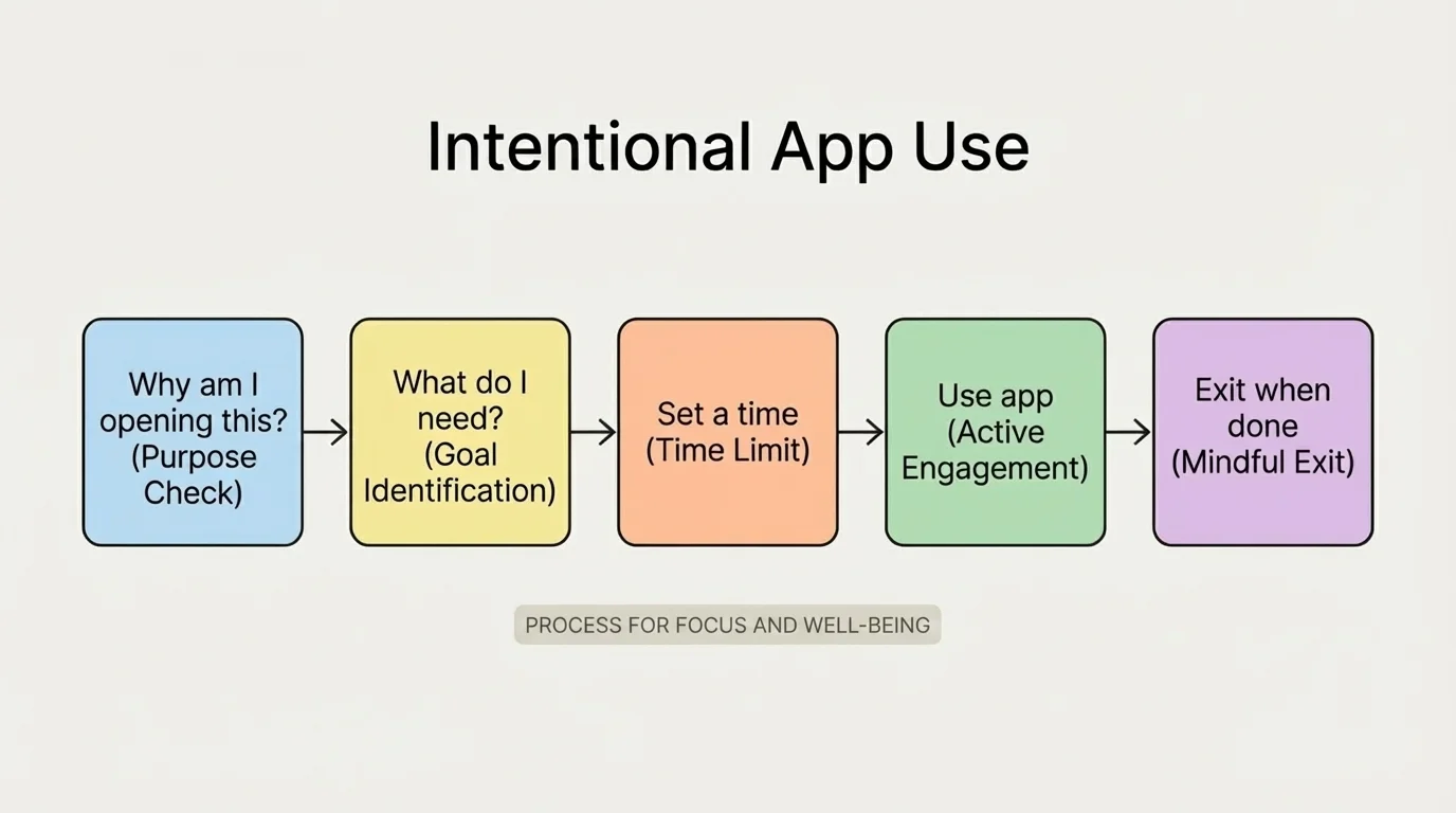 Flowchart for intentional app use with boxes for Why am I opening this, what do I need, set a time, use app, exit when done