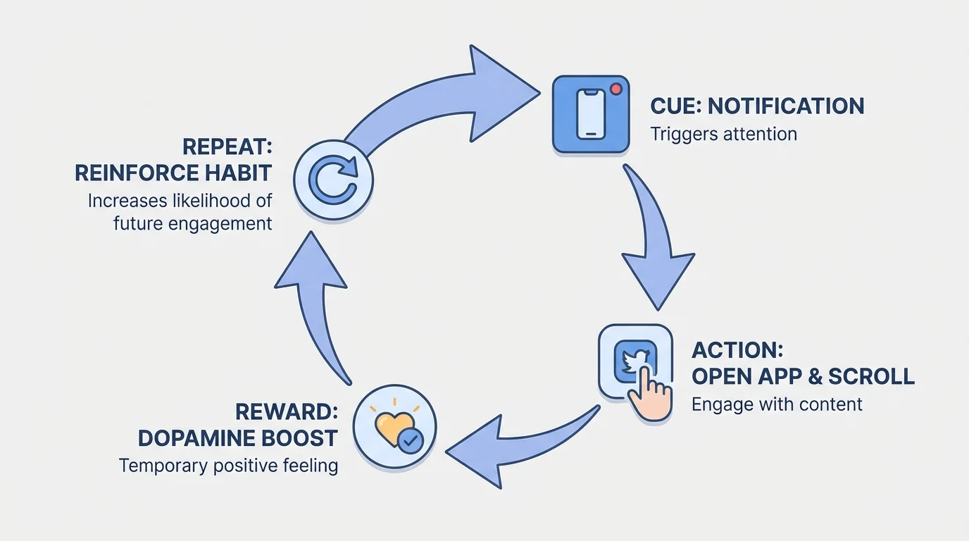 Diagram of a digital habit loop with notification cue, opening app, scrolling, small reward, and repeat arrows
