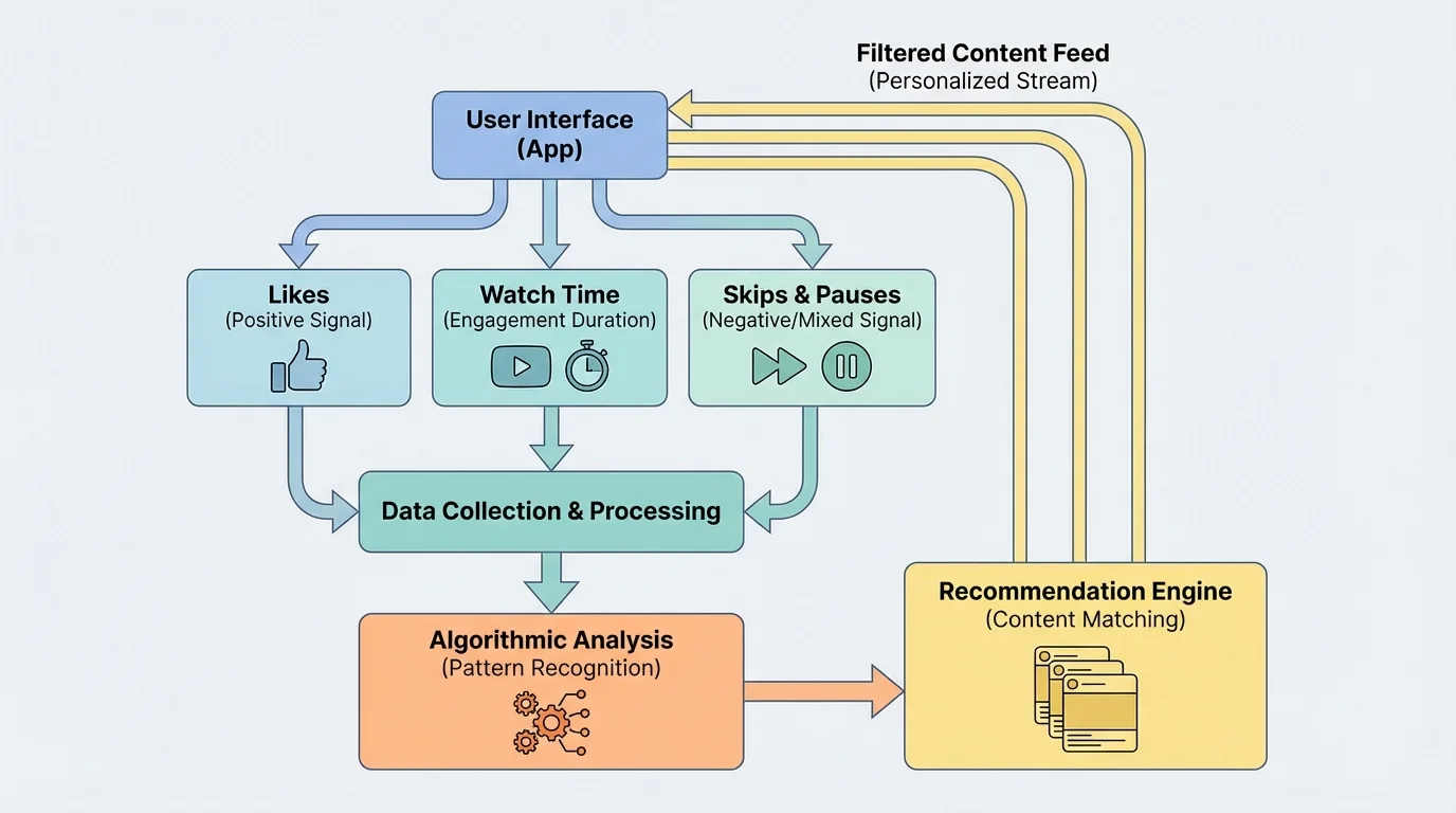 Flowchart of a social media app tracking likes, watch time, pauses, and skips, then recommending more similar posts