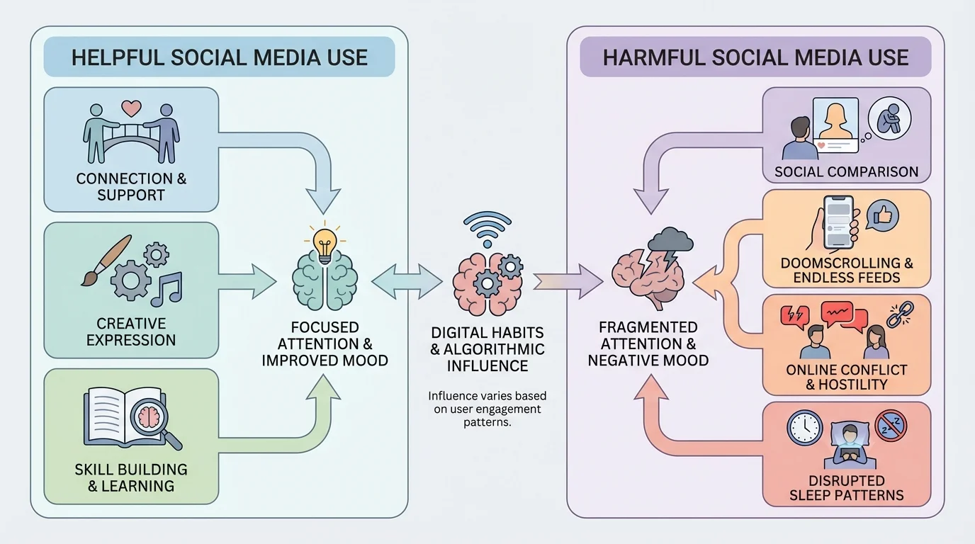 Chart comparing helpful social media use such as support, creativity, and learning with harmful use such as comparison, doomscrolling, conflict, and sleep loss