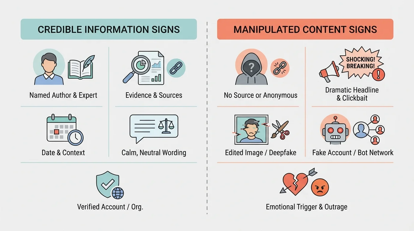 comparison chart showing signs of credible information versus warning signs of manipulated or unreliable online content, with short labels such as named author, evidence, date, calm wording, versus no source, dramatic headline, edited image, fake account