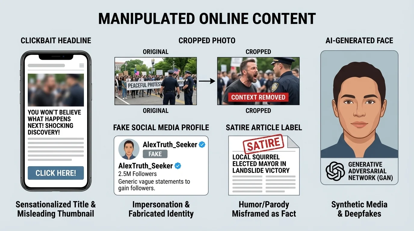 separate labeled examples of manipulated online content including a clickbait headline on a phone screen, a cropped photo, a fake social media profile, a satire article label, and an AI-generated face
