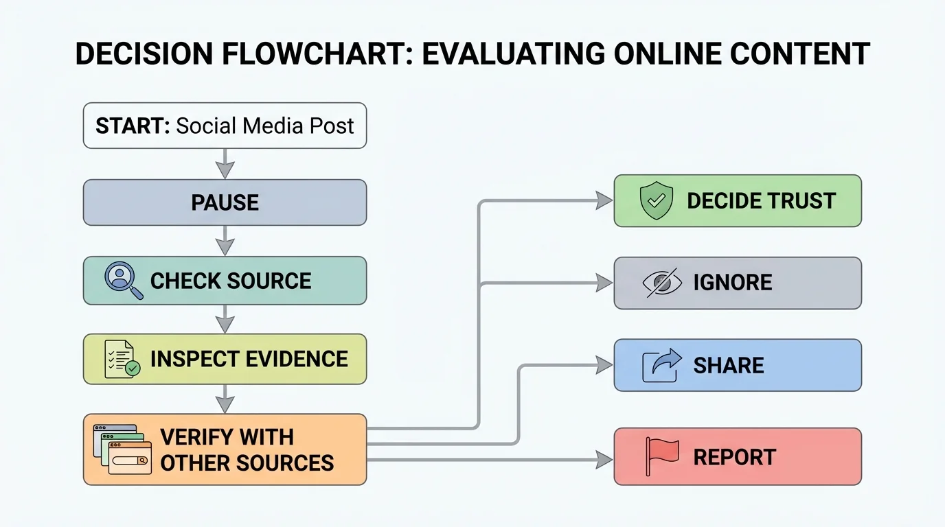 decision flowchart for evaluating a social media post with boxes labeled pause, check source, inspect evidence, verify with other sources, and decide trust, ignore, share, or report