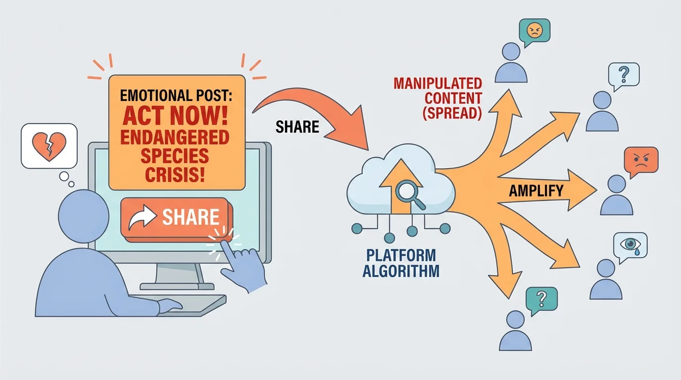a user viewing an emotional post, reacting strongly, sharing it, and arrows showing the platform recommending it to more users, with simple labels for emotion, share, and amplify