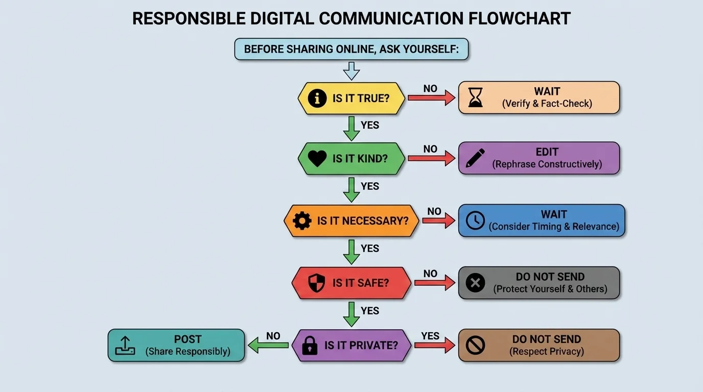 Decision flowchart with questions: Is it true, kind, necessary, safe, and private? leading to choices post, edit, wait, or do not send