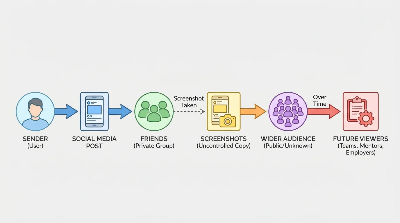 Flowchart showing a social media post moving from sender to friends, screenshots, wider audience, and future viewers such as teams or mentors