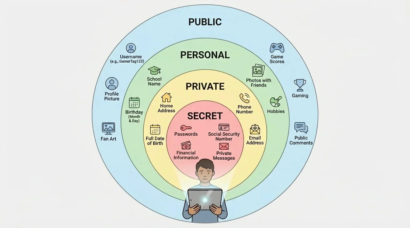 Teen using a device with concentric circles labeling public, personal, private, and secret information examples such as username, school name, home address, and passwords