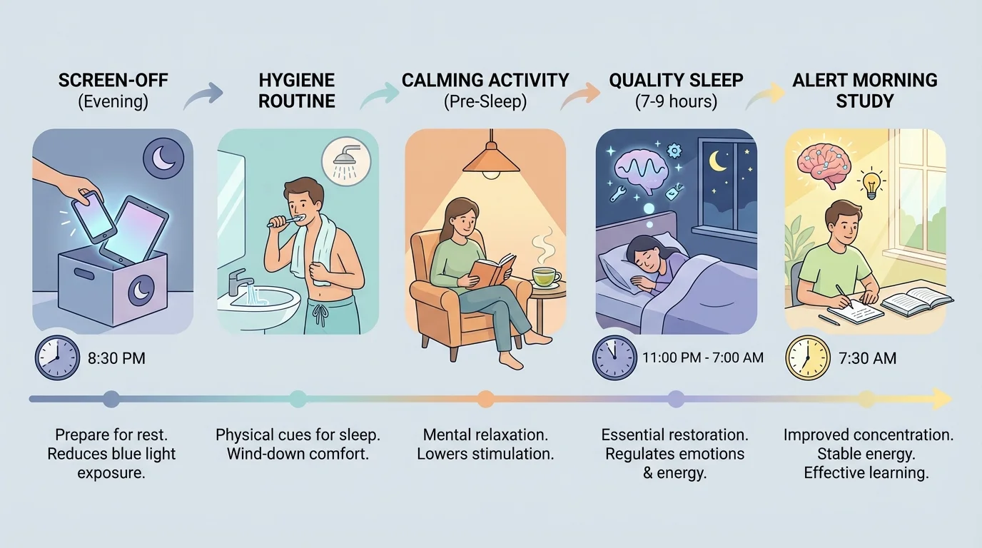 Evening routine flow from screen-off, hygiene, calming activity, sleep, to alert morning study session