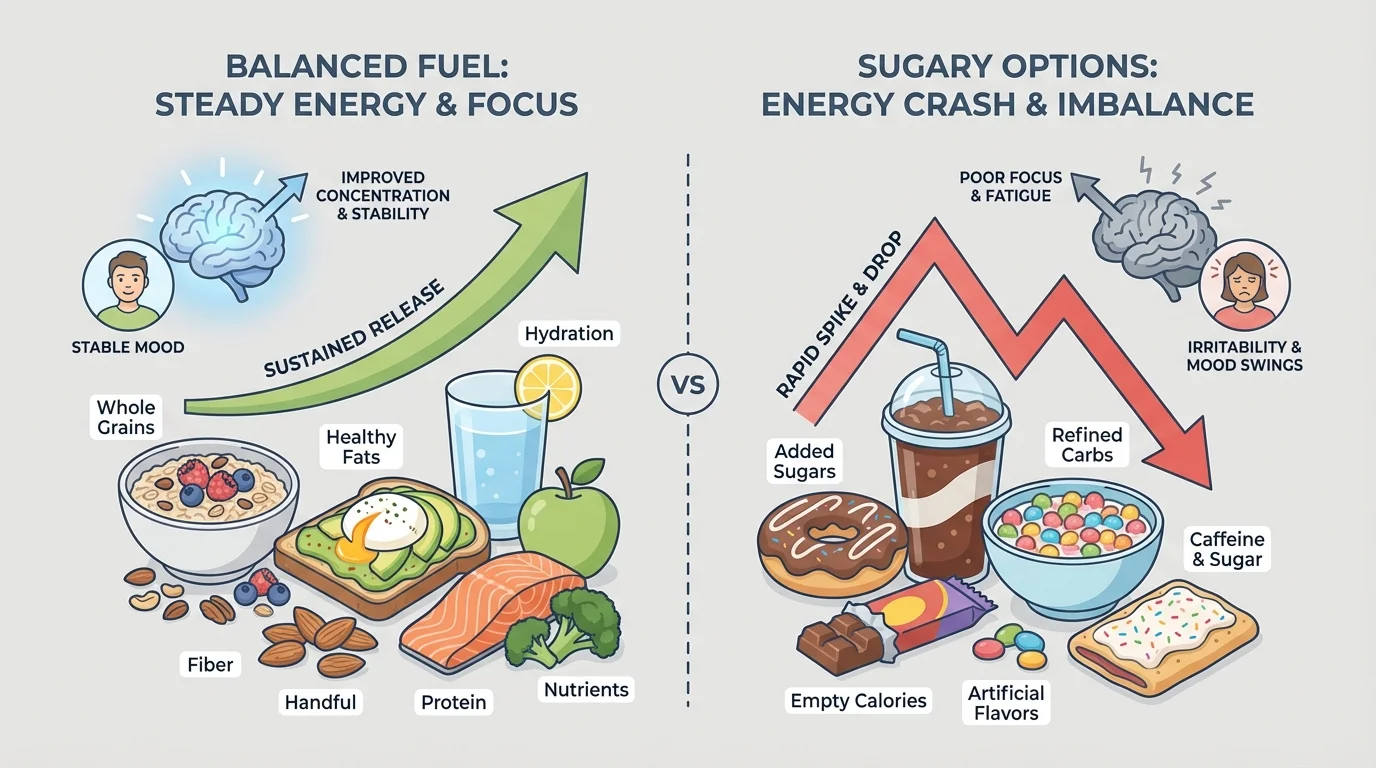 Comparison of balanced foods and drinks for steady energy versus sugary options linked to energy crash