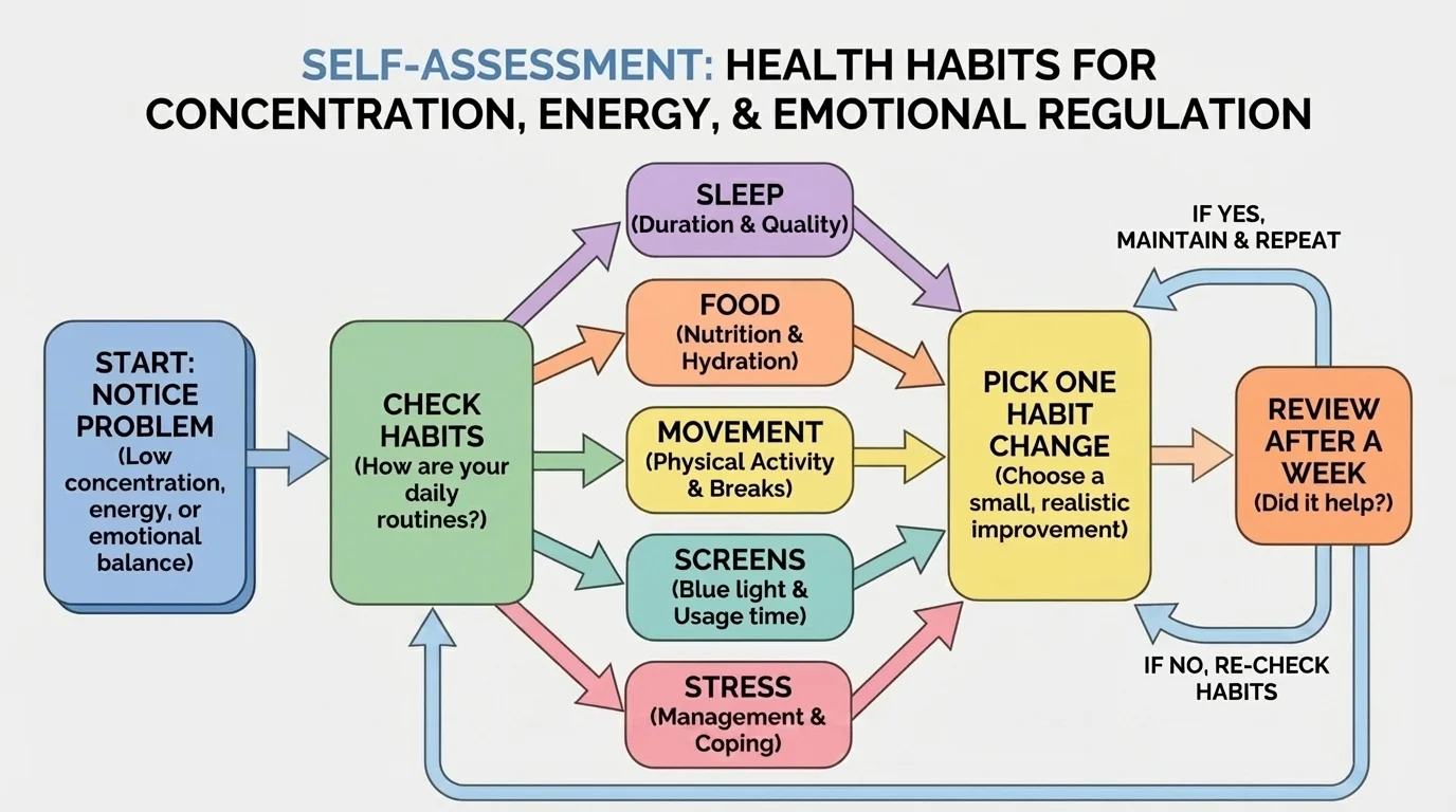 Self-assessment flowchart: notice problem, check sleep-food-movement-screens-stress, pick one habit change, review after a week