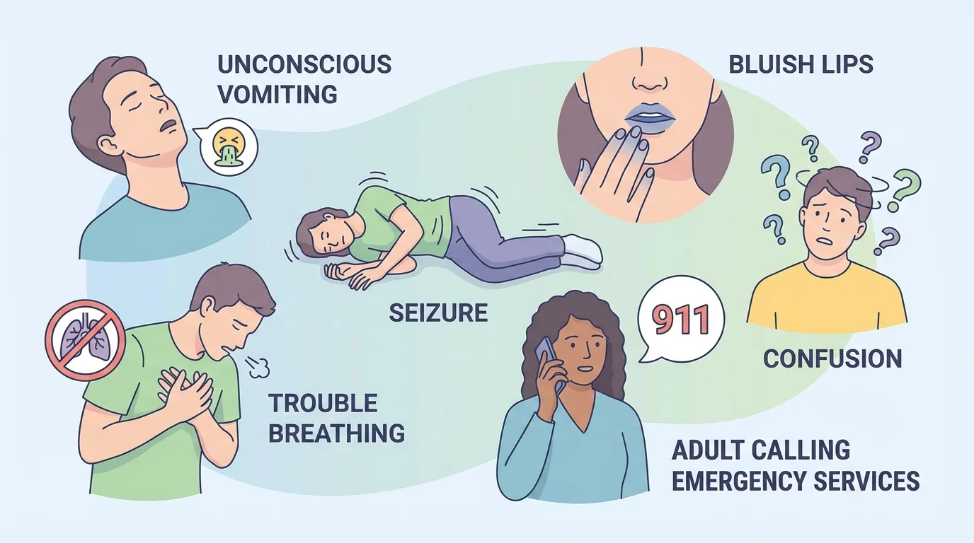Emergency illustration showing warning signs such as trouble breathing, vomiting while unconscious, seizure, bluish lips, and confusion, with an adult calling emergency services