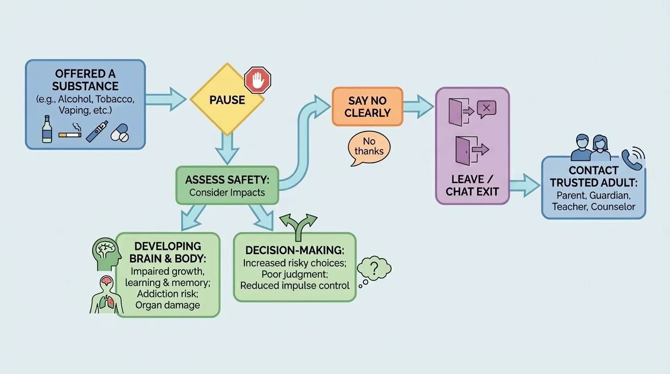 Decision flowchart: offered a substance → pause → assess safety → say no clearly → leave/chat exit → contact trusted adult