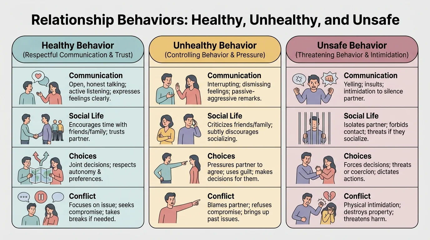 Chart comparing respectful communication, controlling behavior, and threatening behavior in everyday situations