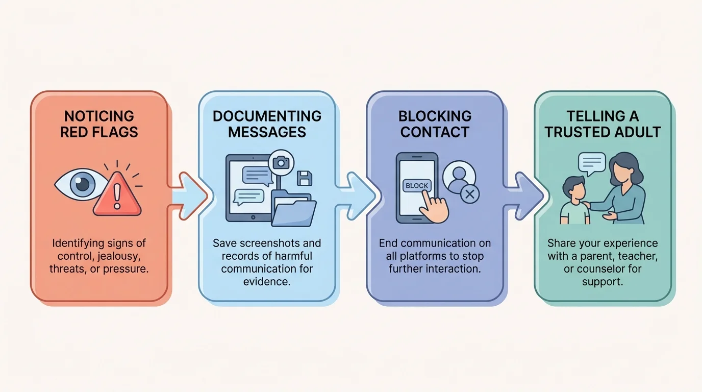 Flowchart of noticing red flags, documenting messages, blocking contact, and telling a trusted adult