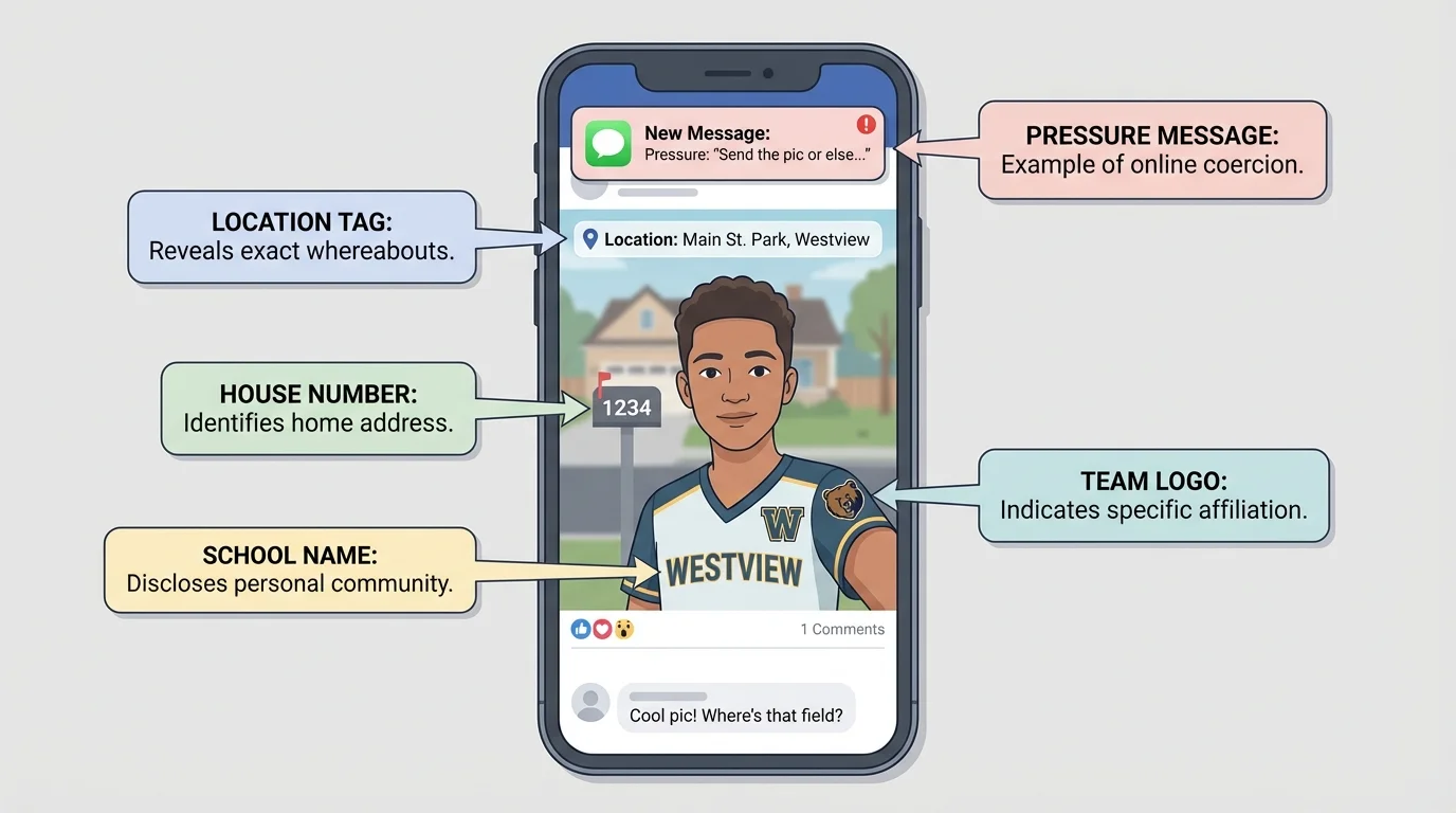 Phone screen displaying a selfie with privacy risk callouts such as location tag, jersey name, house number in background, visible chat notification, and school or team logo