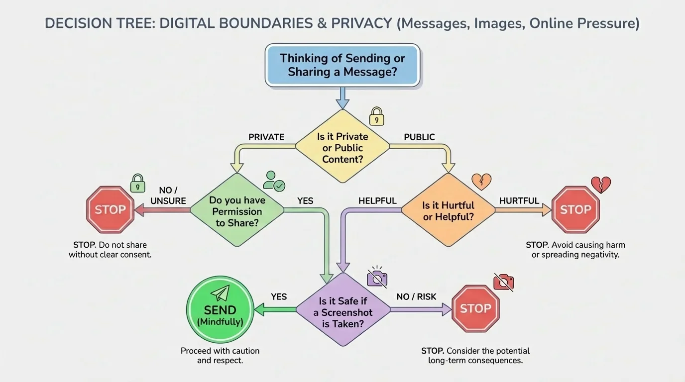 Decision tree for sending or sharing a message with boxes asking private or public, permission to share, hurtful or helpful, safe if screenshot, and final choices send or stop