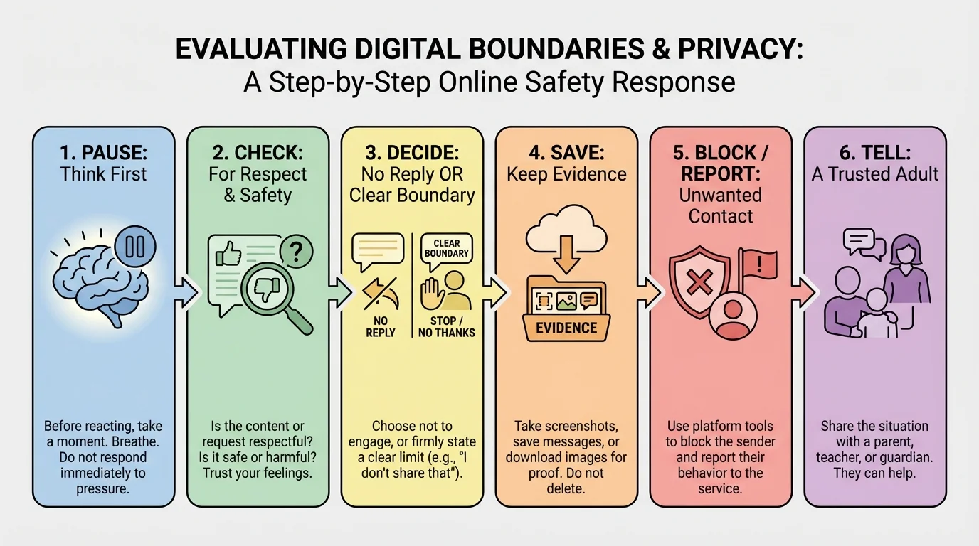 Step-by-step online safety response with boxes pause, check for respect and safety, decide no reply or clear boundary, save evidence, block or report, tell trusted adult