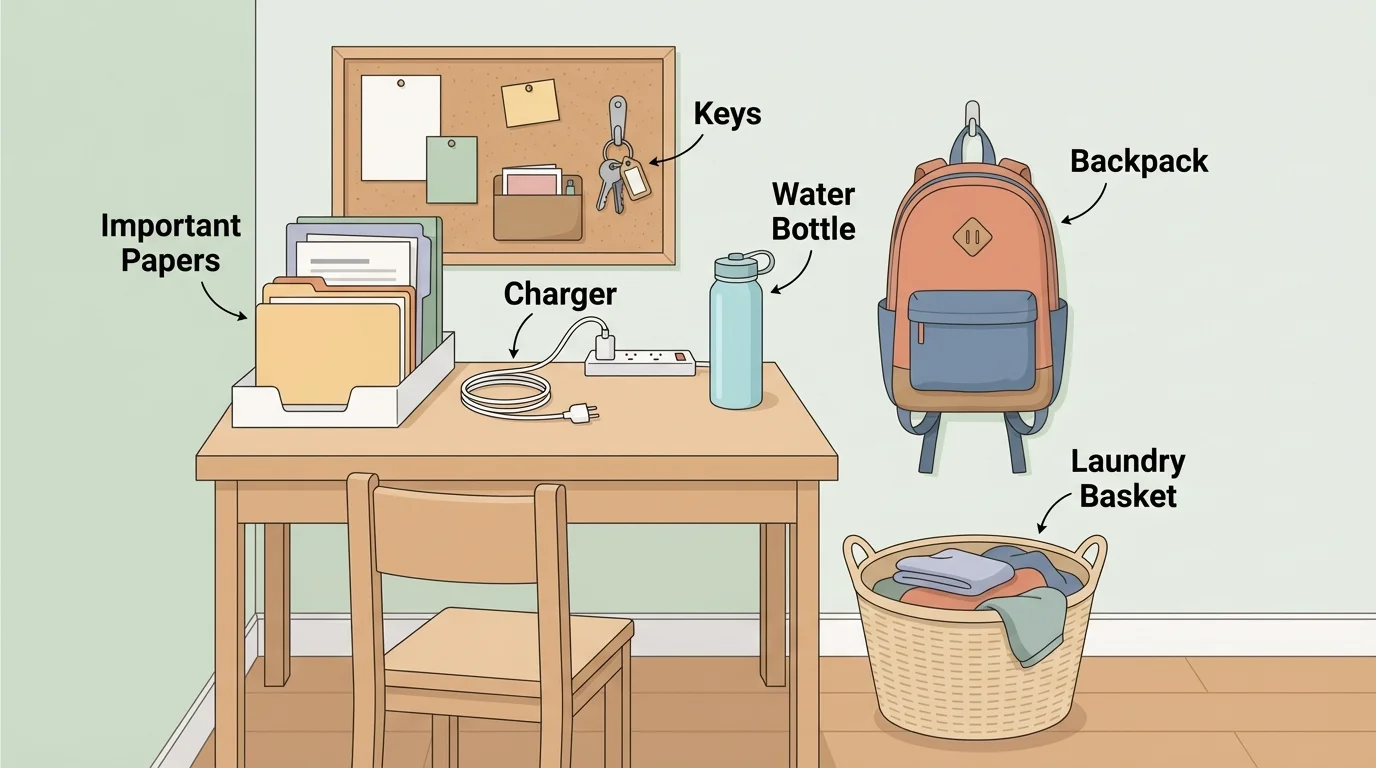 Illustration of a bedroom study corner with labeled spots for backpack, charger, keys, water bottle, laundry basket, and important papers