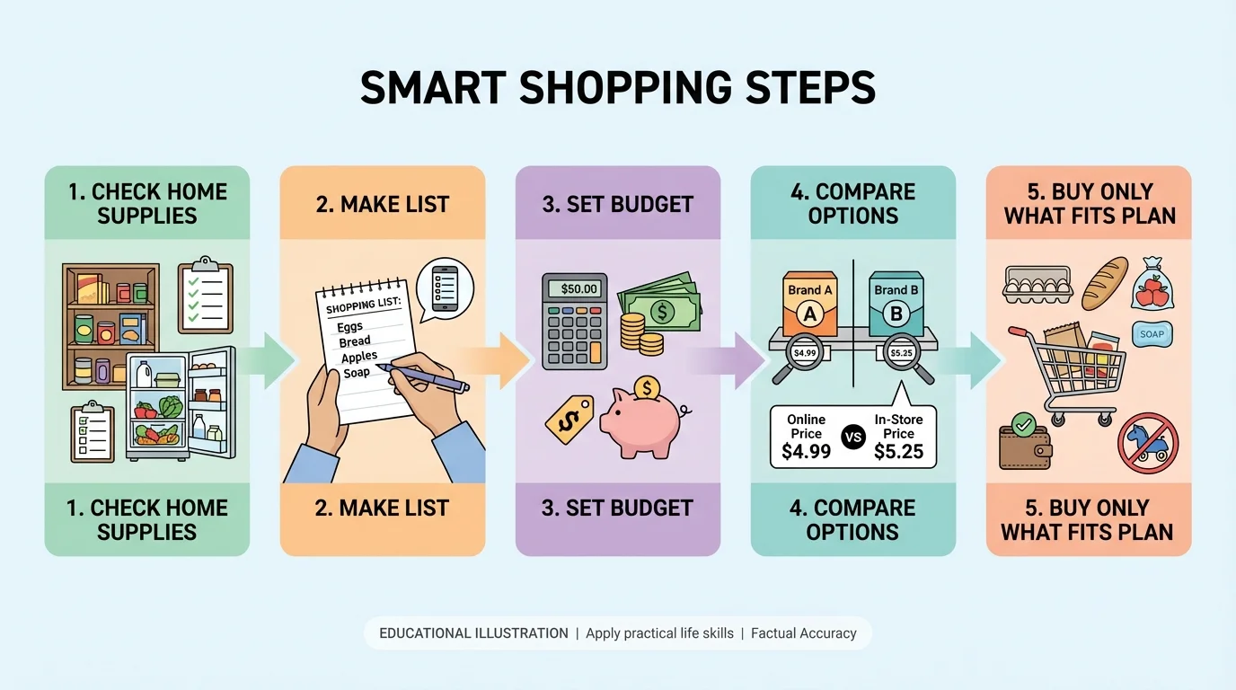 Flowchart of smart shopping steps: check home supplies, make list, set budget, compare options, buy only what fits plan
