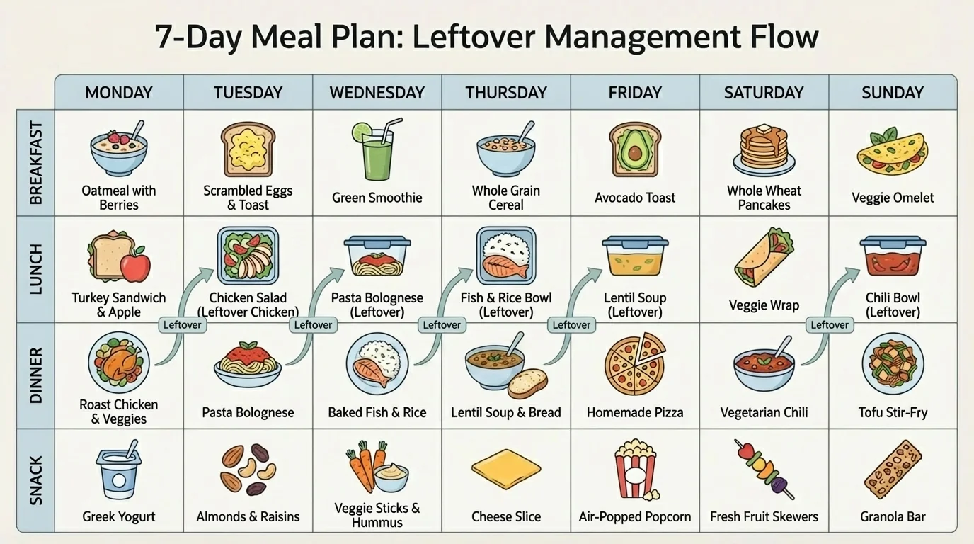 Chart showing a 7-day meal plan with breakfast, lunch, dinner, snack, and leftovers arrows linking meals