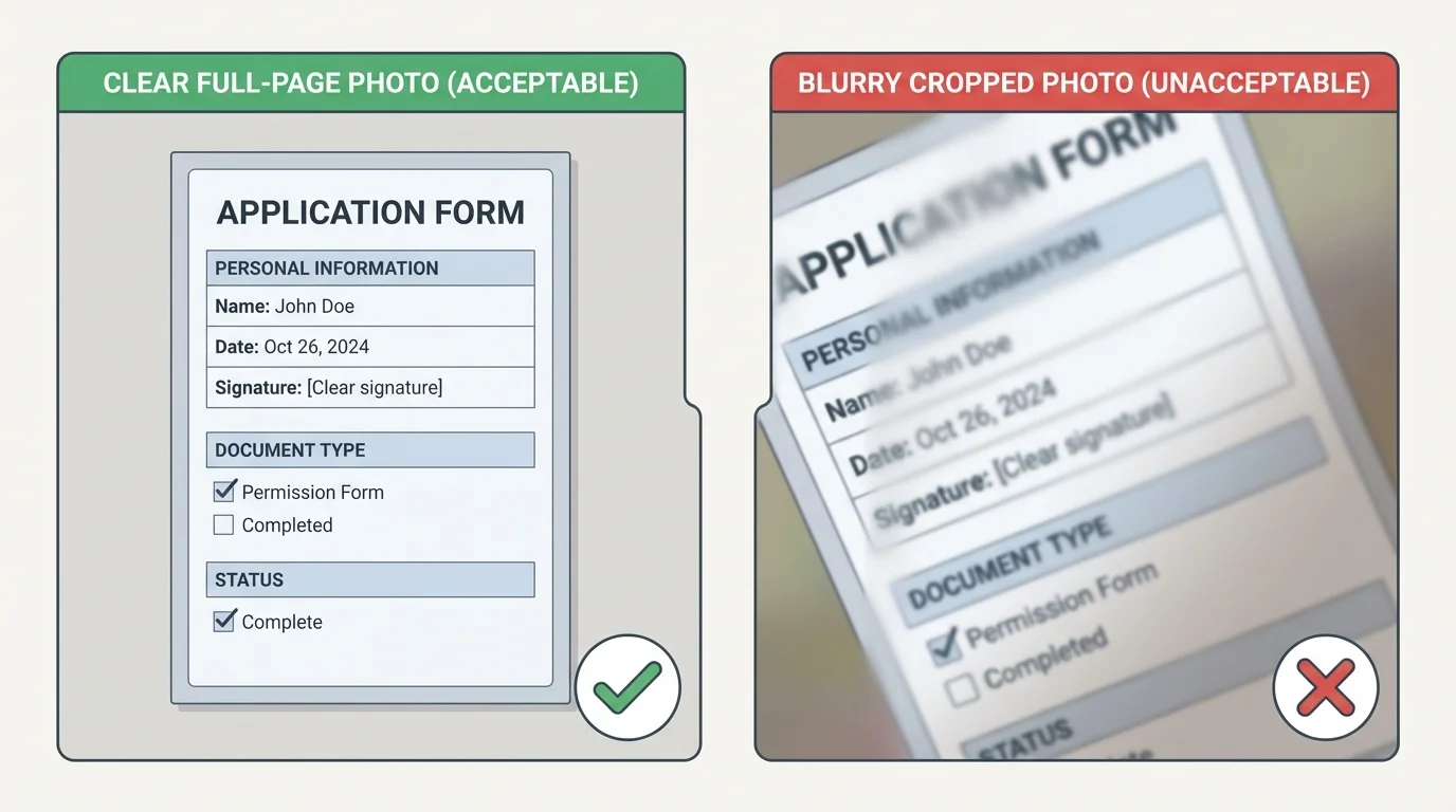 Side-by-side example of a clear full-page document photo and a blurry cropped photo for online submission