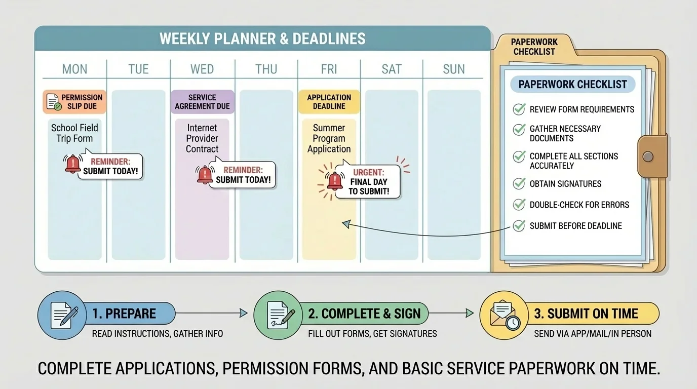 Weekly planner view with form deadlines, reminder alerts, and a paperwork folder checklist
