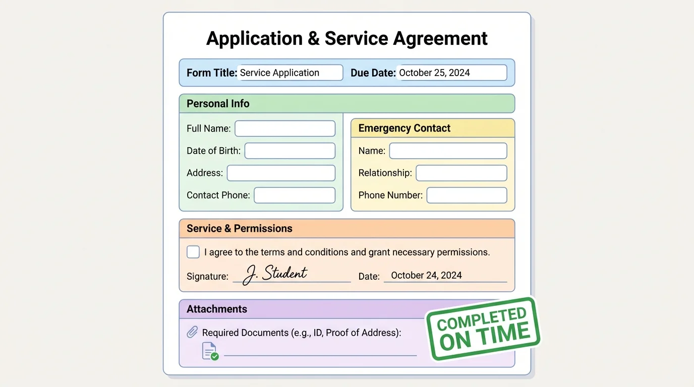 Sample form with labeled sections such as personal info, emergency contact, signature, date, checkbox, and attachment line