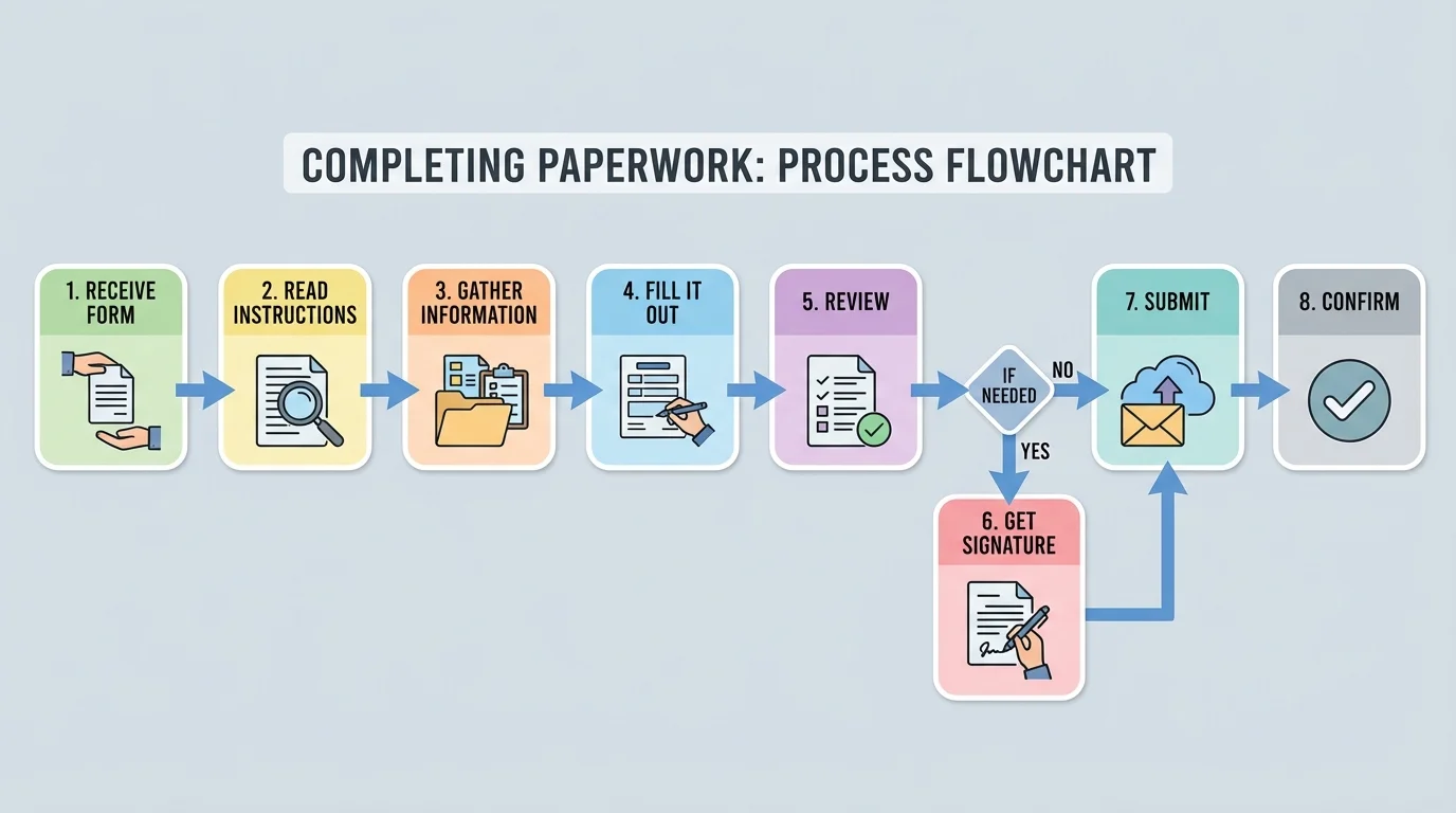Flowchart showing receive form, read instructions, gather information, fill it out, review, get signature if needed, submit, and confirm