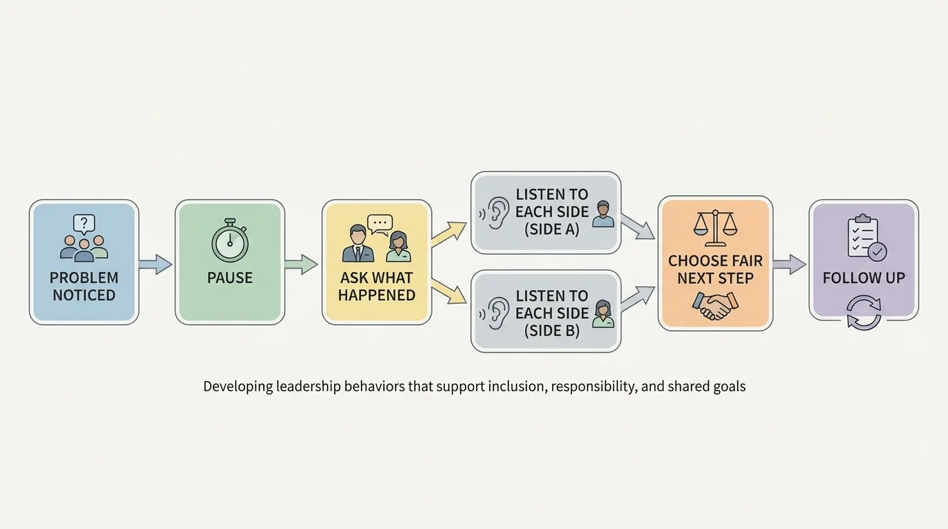 Decision path for team problems with boxes for problem noticed, pause, ask what happened, listen to each side, choose fair next step, and follow up