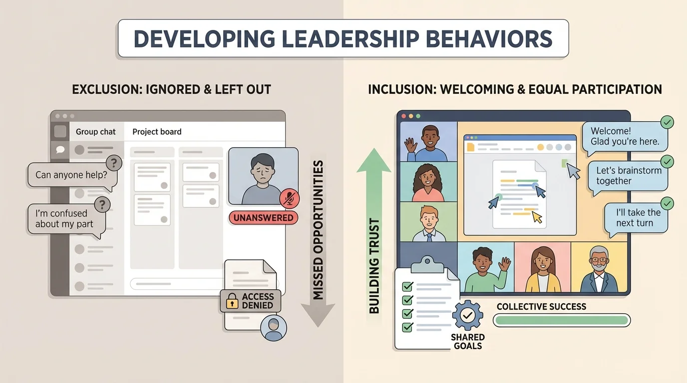 Split-scene online group project with one side showing ignored messages and a person left out, and the other side showing welcoming replies, turn-taking on a video call, and equal participation