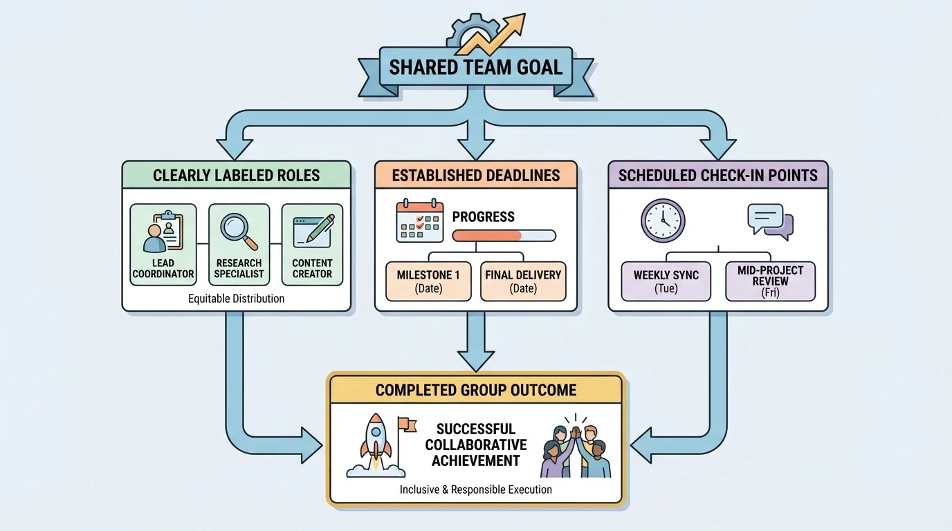 Team goal at the top leading to clearly labeled roles, deadlines, check-in points, and a completed group outcome