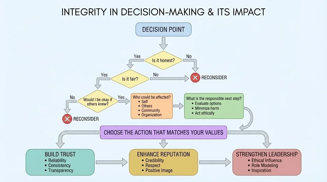 Decision-making flowchart with boxes asking Is it honest, Is it fair, Would I be okay if others knew, Who could be affected, and What is the responsible next step, ending with choose the action that matches your values