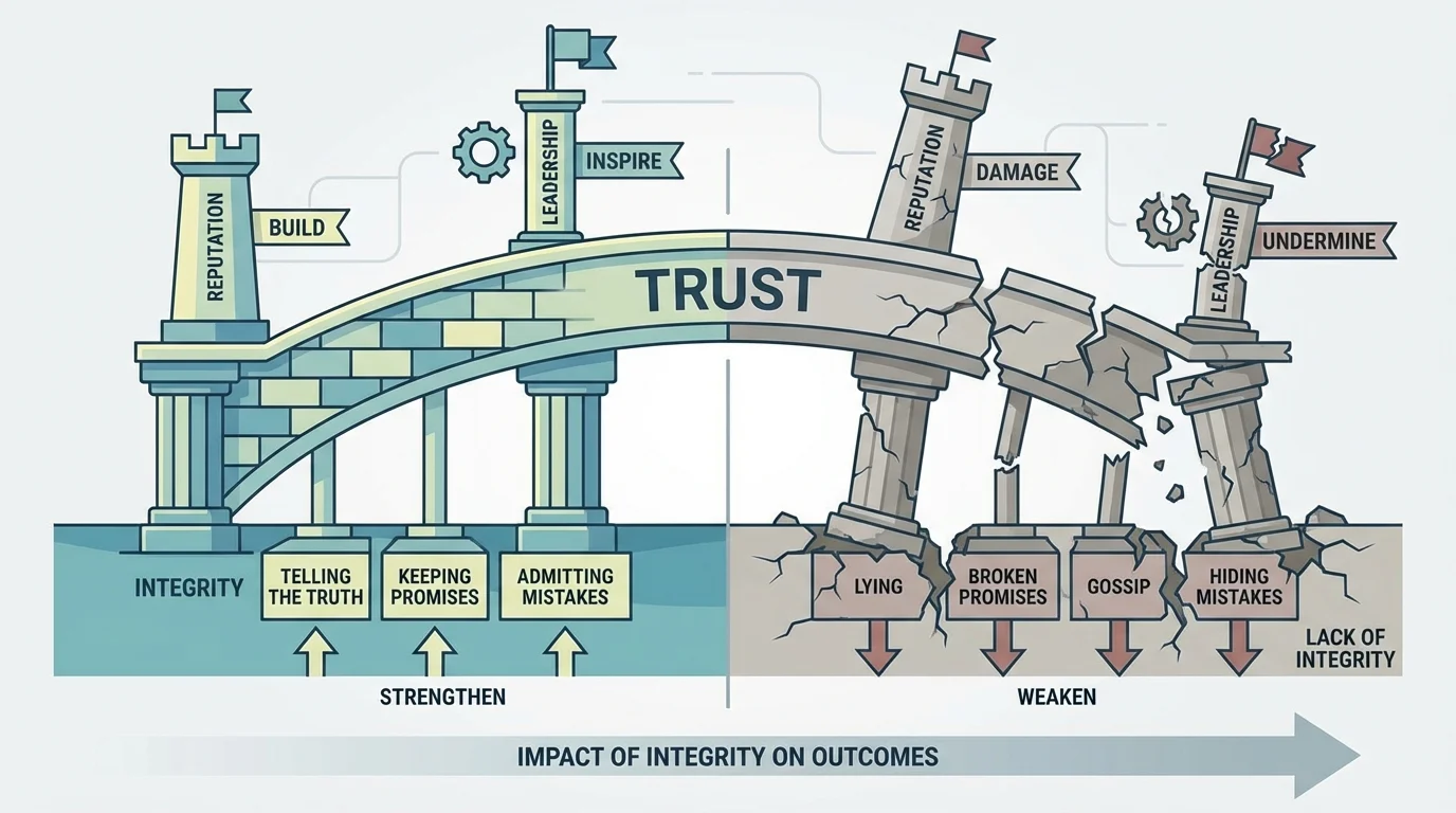 A bridge labeled trust being strengthened by honest actions like telling the truth, keeping promises, and admitting mistakes, while cracks appear from lying, broken promises, gossip, and hiding mistakes