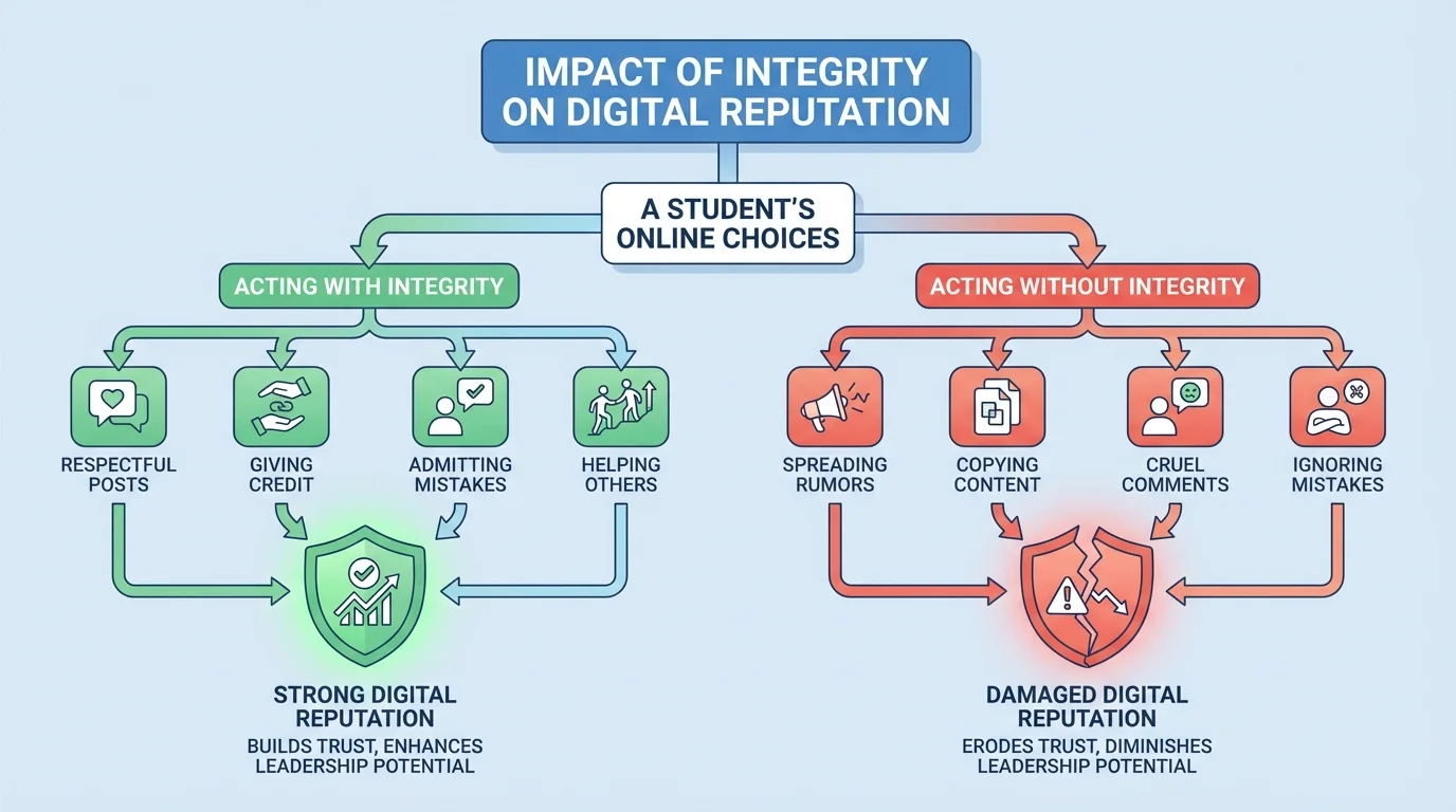 A student's online choices branching into positive actions such as respectful posts, giving credit, admitting mistakes, and helping others, leading to a strong digital reputation, and negative actions such as rumors, copied content, and cruel comments, leading to a damaged reputation